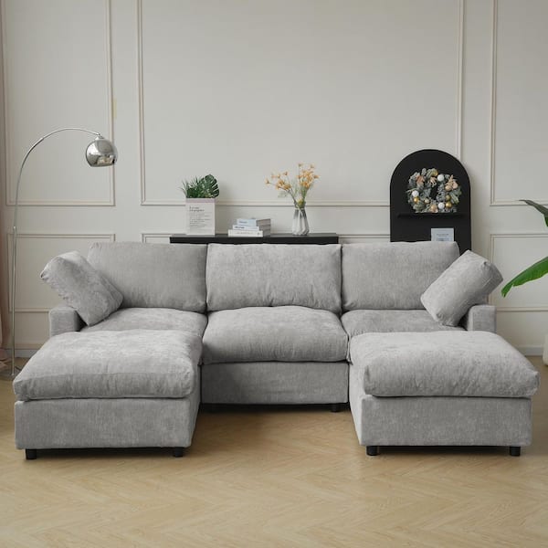 100.5 in. Square Arm 5-piece Chenille U-Shaped Living Room Sectional Sofa Free Combination with Ottoman in. Gray