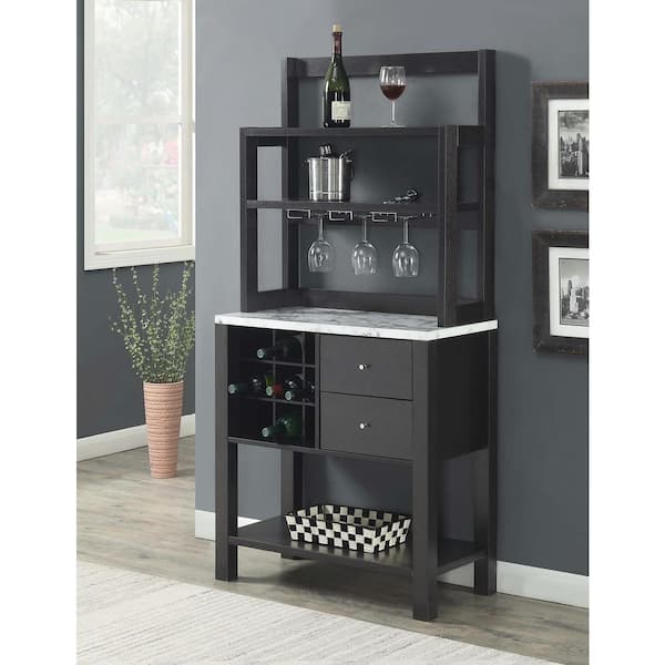 Convenience Concepts Newport White Faux Marble/Espresso Wine Storage Bar with wine rack and shelves