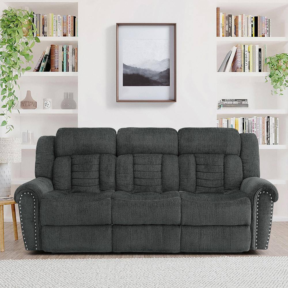 Transitional Charcoal Gray Fabric Reclining Sofa with Nailhead Accents