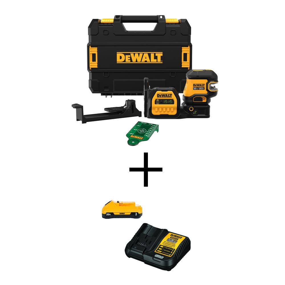 DEWALT 20V MAX Lithium-Ion Cordless 280 ft. Green Cross-Line Laser Level with Compact 3.0Ah Battery and 12V to 20V MAX Charger -  DCLE34520GBW30C