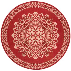 Beach House Red/Cream 4 ft. x 4 ft. Medallion Floral Indoor/Outdoor Patio  Round Area Rug
