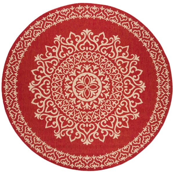 SAFAVIEH Beach House Red/Cream 8 ft. x 8 ft. Medallion Floral Indoor/Outdoor Patio  Round Area Rug