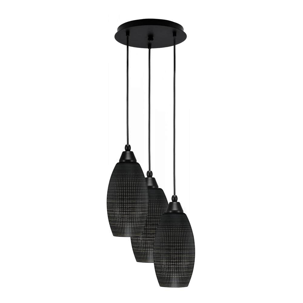 Savannah 13.25 in. 3-Light Matte Black Cord Pendant Light Black Matrix Glas