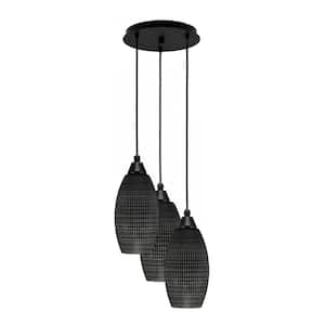 Savannah 13.25 in. 3-Light Matte Black Cord Pendant Light Black Matrix Glass Shade