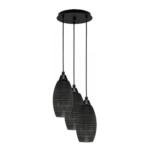 Unbranded Savannah 13.25 in. 3-Light Matte Black Cord Pendant Light Black Matrix Glass Shade