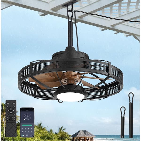 20 in. Outdoor Black Brown Waterproof 6-Speed 0-100% Dimming Smart Clip Mount Caged Ceiling Fan with Lights, Remote, APP
