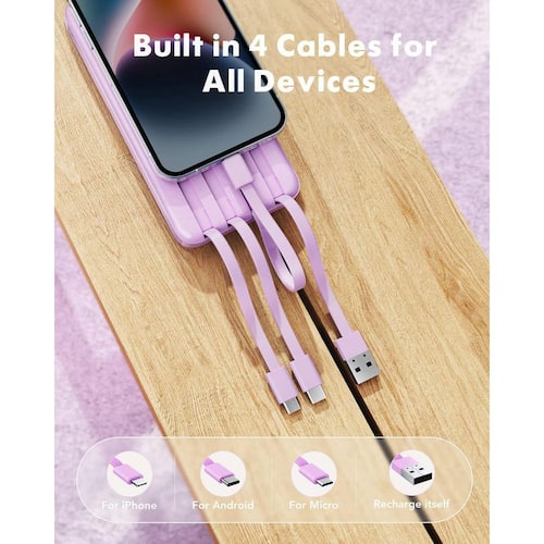 Portable Charger with Built-in Cables Slim 10000mAh Battery Outputs High-Speed Power Bank for iPhone Samsung Tablet OBJLGEV Telephone Accessories