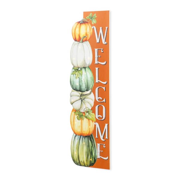 42 in. Lighted Fall Wood Stacked Pumpkins Welcome Porch Sign with Timer