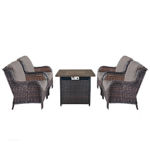 30 in. 5-Piece Wicker Patio Chairs for 4 with Gas Propane Fire Pit Table Outdoor Chair Sets and Gray Cushions