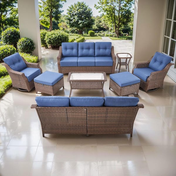 Artisan Brown 8-Piece Wicker Patio Conversation Set with 3-Seat Sofas, Swivel Rockers, and Olefin Navy Blue Cushions