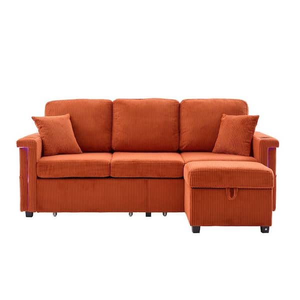 76 in. Corduroy 4-piece L-Shaped Charge and Light Sectional Sofa With Storage Ottoman and Pull Out Drawers in. Orange