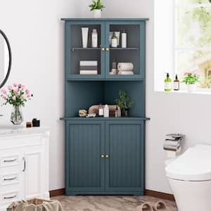 34 in. W x 25 in. D x 71 in. H Corner Linen Cabinet with Adjustable Shelves and Glass Doors in Teal Blue