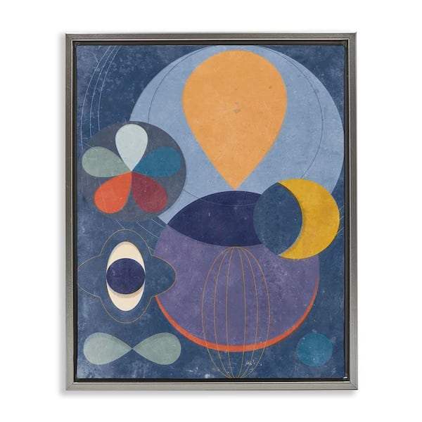 Stupell Industries Blue Retro Collage by Victoria Barnes Gray Floater Frame Abstract Graphic Art Print 31 in. x 25 in.