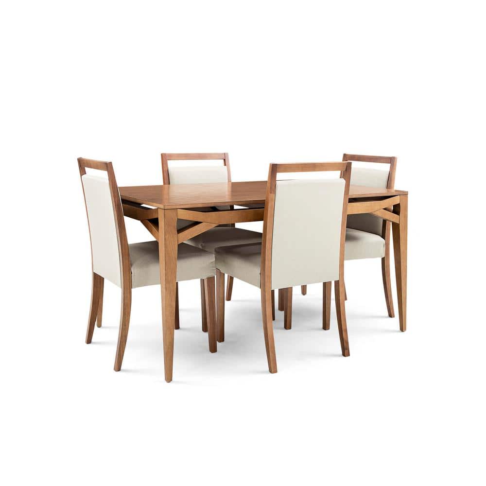 5-Piece Rectangle Almond Oak 55 in. Wood Top Dining Table Set with Beige Oak Edge Upholstered Chairs (Seats 4)