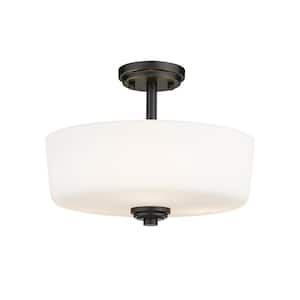 Arlington 14.75 in. 3-Light Matte Black Semi Flush Mount with Matte Opal Glass Shade