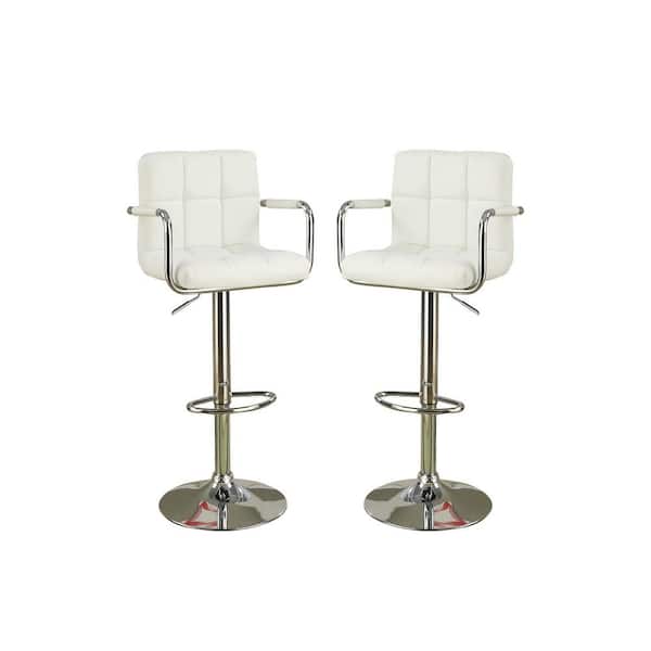44 in. Adjustable White Faux Leather High Back Metal Bar Stools with Armrests (Set of 2)