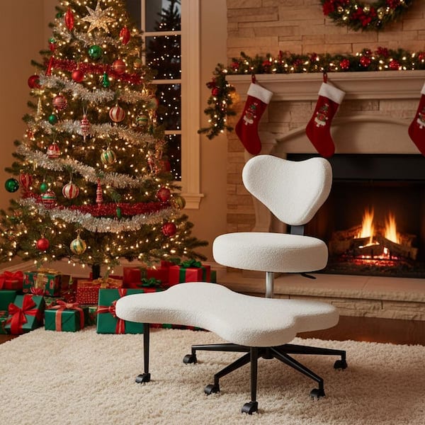 Upholstered Office Chair Ergonomic Cross-Legged Desk Chair with Height Adjustable Wheels Meditation Chair in Off-White