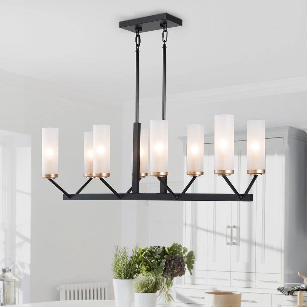 Black Chandelier 8-Light Modern Transitional Linear Island High Ceiling Light with Frosted Glass Shades and Gold Accent price history on PriceWatchPro