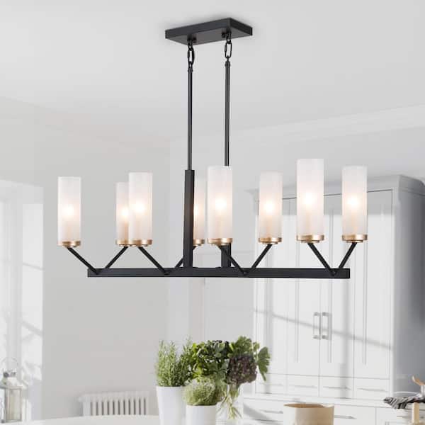 Black Chandelier 8-Light Modern Transitional Linear Island High Ceiling Light with Frosted Glass Shades and Gold Accent