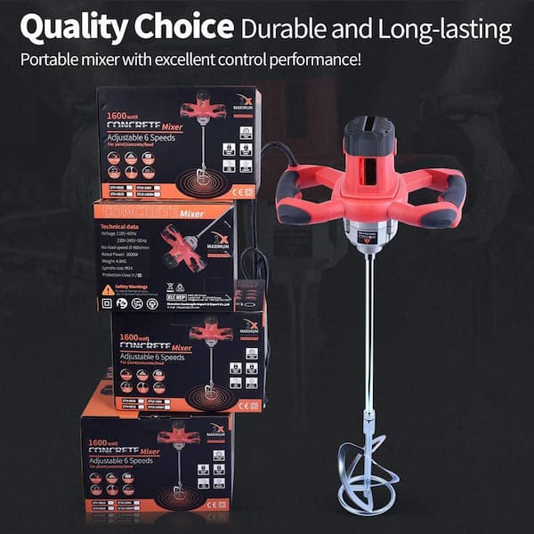 1600-Watts Electric Concrete Mixer Drill Tool for Cement Paint Mortar Drywall with Adjustable 6 Speeds