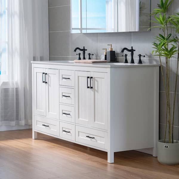 59.88 in. W x 22 in. D Double Sink Freestanding Bath Vanity in White with Rubberwood Cabinet and Stone Vanity Top