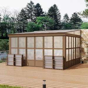 12 ft. x 14 ft. Brown Outdoor Aluminum Frame Polycarbonate Roof Wall Mounted Solarium