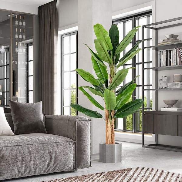 6.5 ft. Tall Artificial Banana Tree w/ 27-Large Leaves Triple Stalks Natural Bark