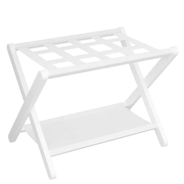 White Bamboo Luggage Rack, Folding Suitcase Stand with Storage Shelf for Guest Room, Bedroom and Hotel