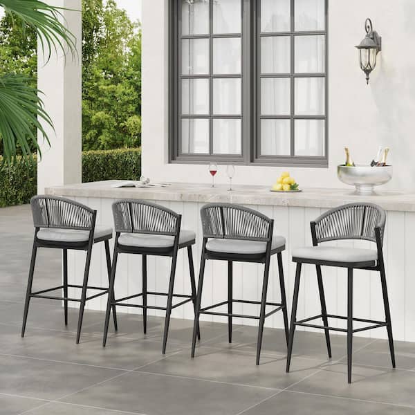 CHRISTOPHER KNIGHT HOME Hugo 30.25 in. Patio Metal and PE Rattan Outdoor Bar Stools with Light Grey Cushions, Matte Black, (Set of 4)