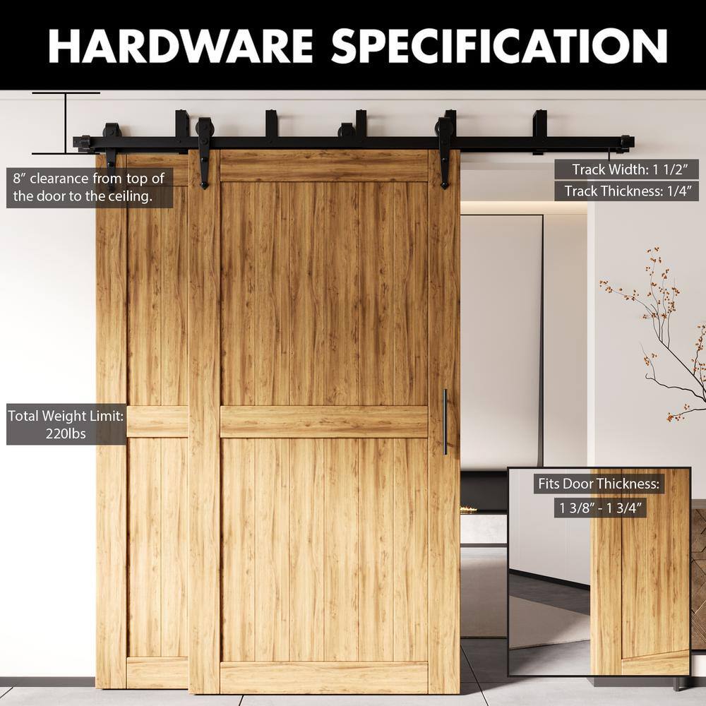 Rustic Black Double Track Bypass Sliding Barn Door Hardware Kit, 9ft