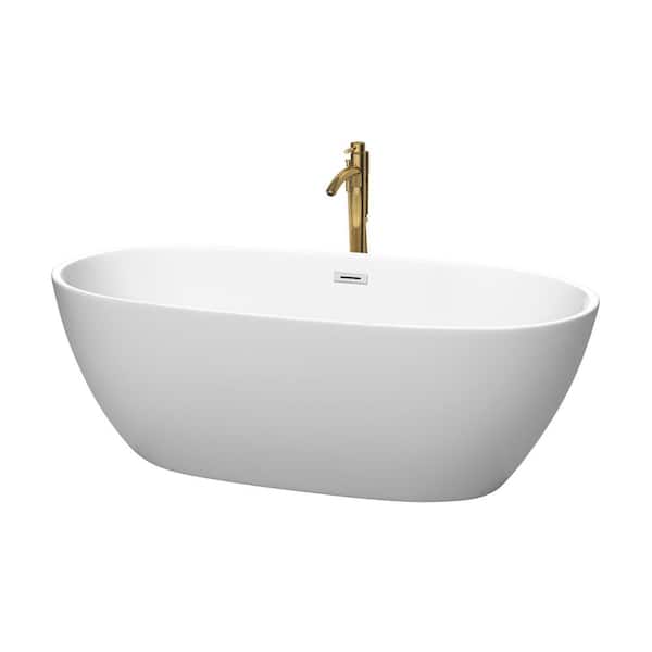 Wyndham Collection Juno 67 in. Acrylic Flatbottom Bathtub in Matte White with Polished Chrome Trim and Brushed Gold Faucet