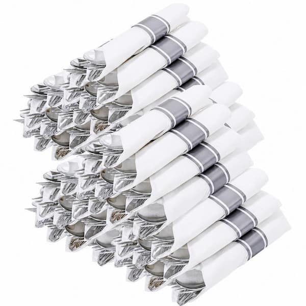 400-Piece Plastic Disposable Silverware Set, Include 100-Pack Wrapped Disposable Silver Utensils with Napkins for Dinner