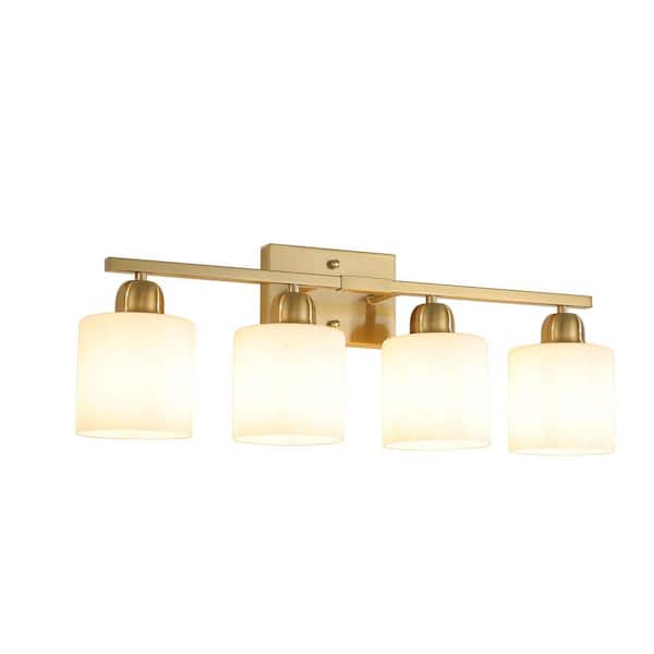 24 in. 4-Light Gold Modern Vanity Light Over Mirror, Wall Sconces with Milky White Frosted Glass Shades