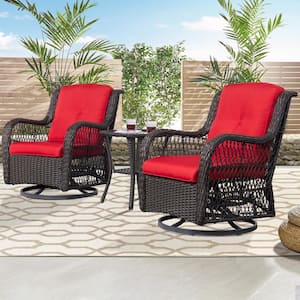 3-Piece Brown Wicker Outdoor Swivel Rocking Chair Set with Red Cushions Patio Conversation Set (2-Chair)