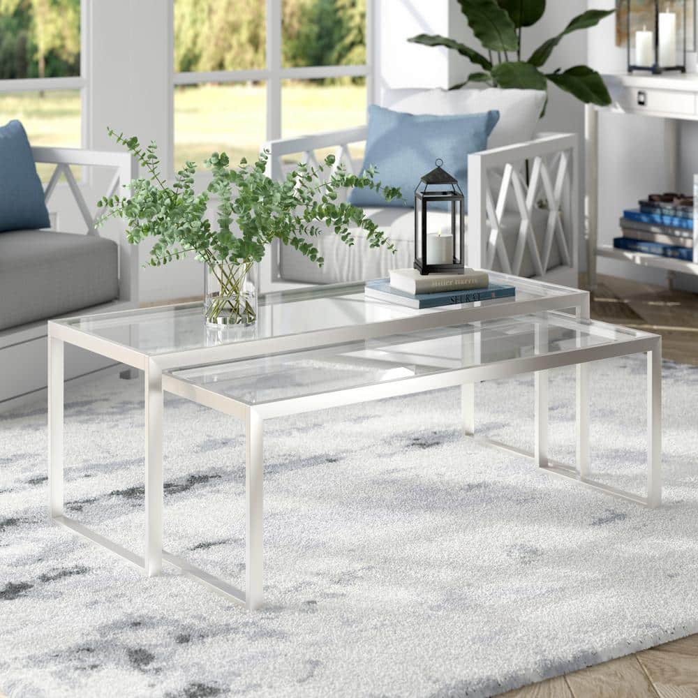 Satin Nickel Rectangular Nesting Coffee Table Set with Glass Tops