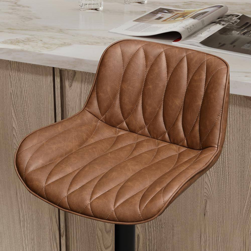 Tan Faux Leather Adjustable Swivel Bar Stools with Metal Frame