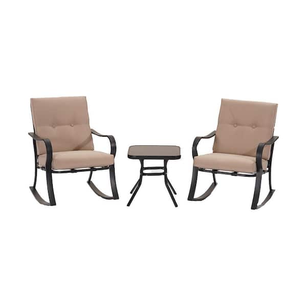 Unbranded 3-Pieces Metal Outdoor Bistro Rocking Conversation Sets with Coffee Table and Two Sand Cushions