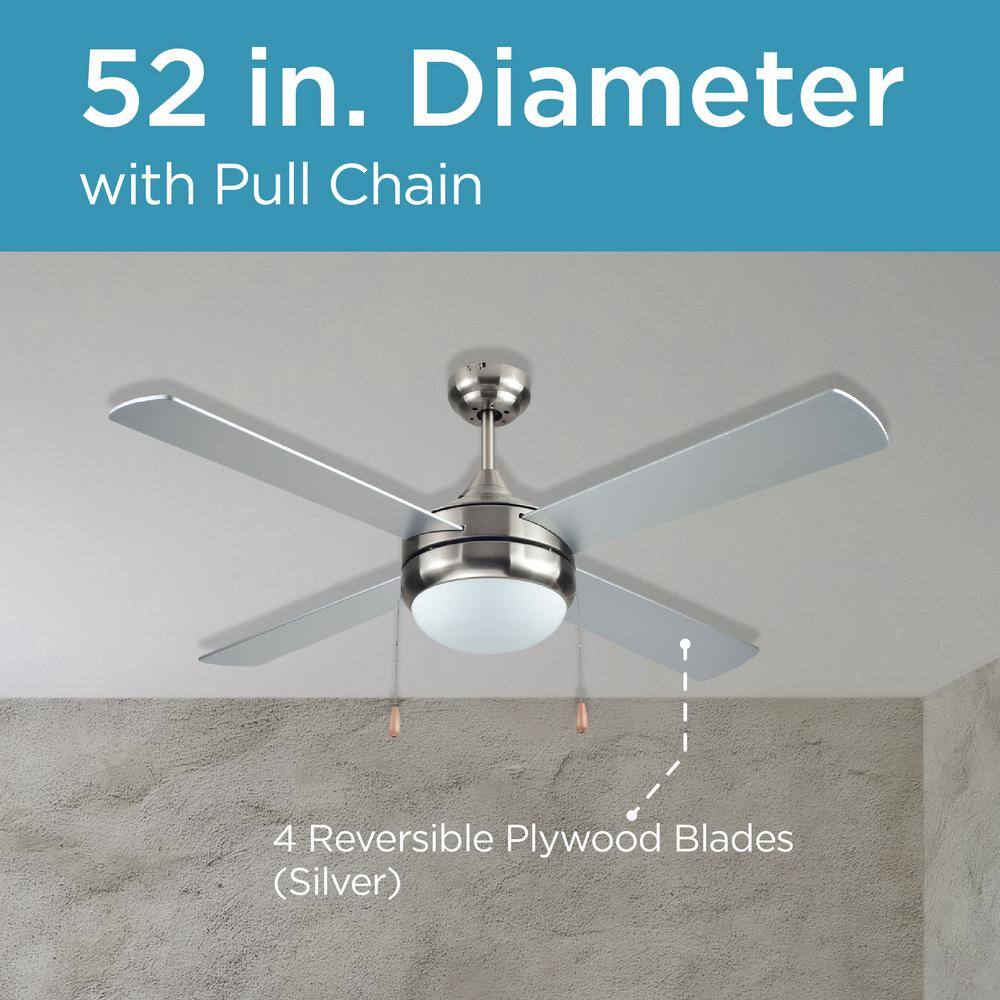 52-Inch Silver Brushed Nickel Ceiling Fan with Frosted Glass Light Kit