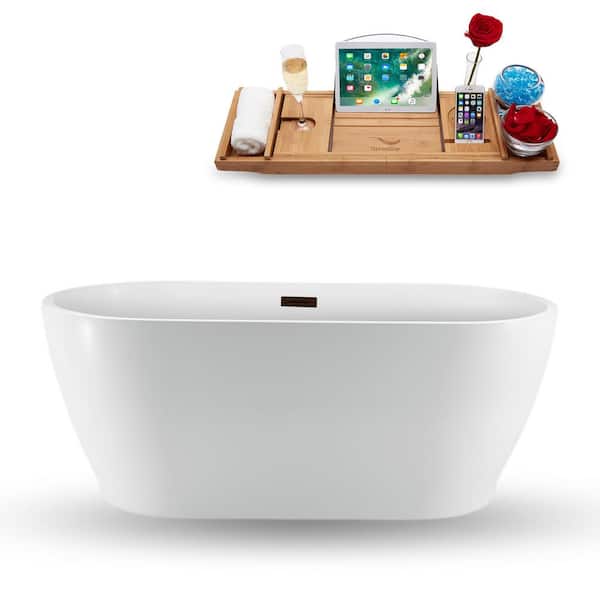 Streamline 59 in. Acrylic Flatbottom Non-Whirlpool Bathtub in Glossy White with Matte Oil Rubbed Bronze Drain and Overflow Cover