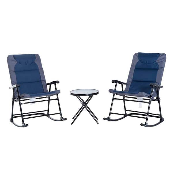 Outdoor 3-Piece Patio Set w/2 Foldable Rocking Chairs and Glass Table-Navy Blue Bistro Style