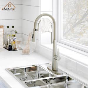 Single-Handle Spring Neck Standard Kitchen Faucet with Dual Function Sprayhead and Deckplate Included in Brushed Nickel