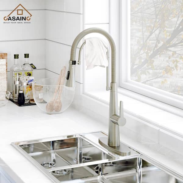 Single-Handle Spring Neck Standard Kitchen Faucet with Dual Function Sprayhead and Deckplate Included in Brushed Nickel