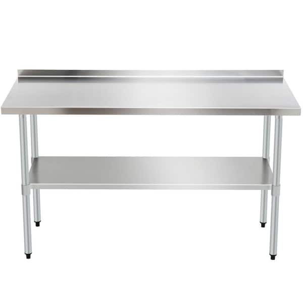 Silver Stainless Steel 60 in. Kitchen Prep Table, Heavy-Duty Work Table with Adjustable Storage Shelf and Legs