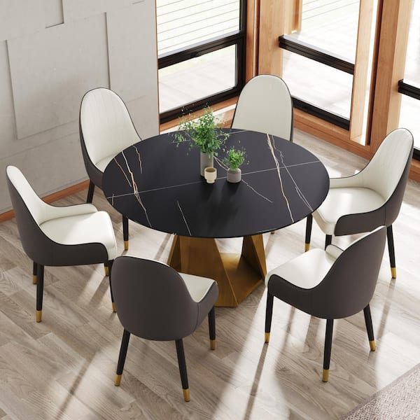 Magic Home 53.1 in. Black Round Sintered Stone Tabletop Bronze Pedestal Base Kitchen Dining Table (Seats-6)