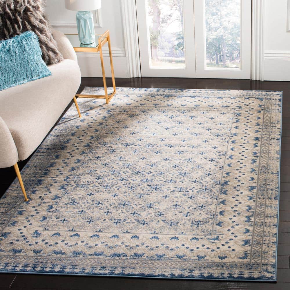 Light Grey and Blue Square Synthetic Geometric Area Rug