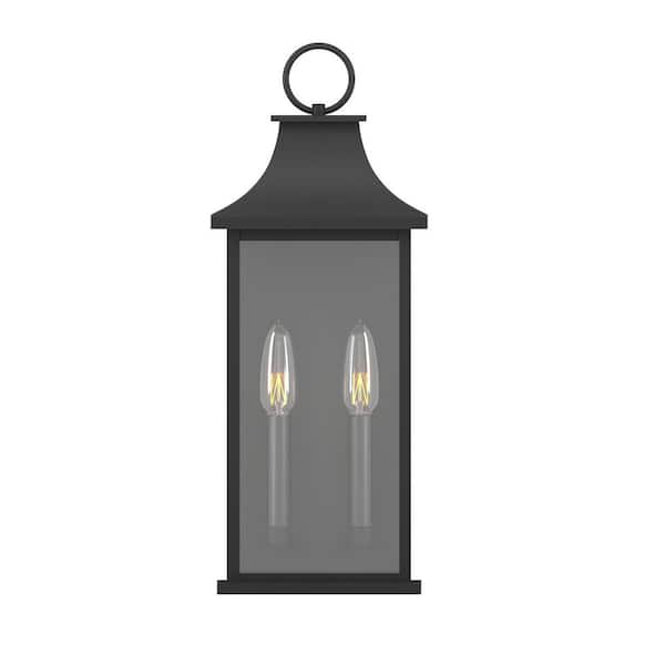 Montpelier 20.6 in. 2-Light Sand Grain Black Dusk to Dawn Outdoor Hardwired Wall Lantern Scone