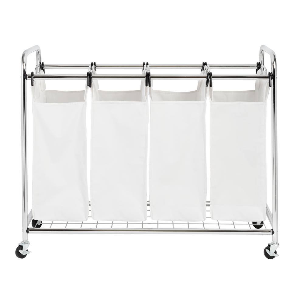 Chrome Quad Laundry Sorter with White Bags and Wheels