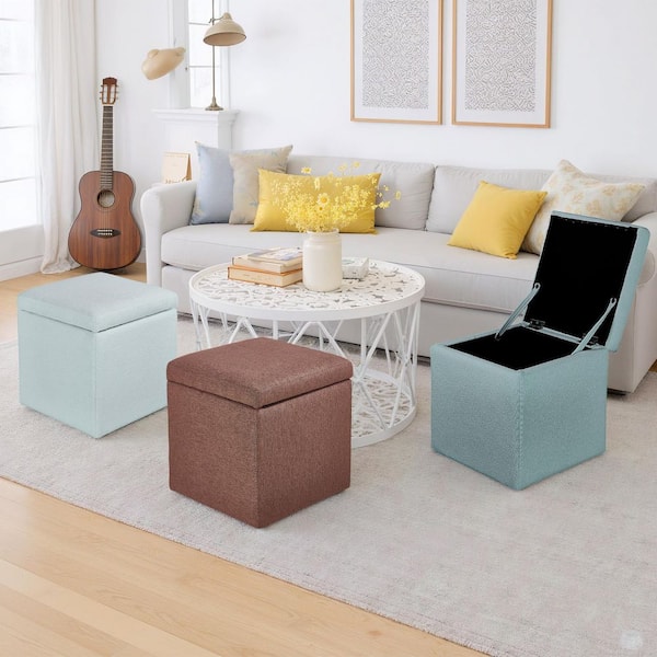 Brown Cotton Fabric Square Flip Top Storage Small Ottoman Footstool for Living Room and Bedroom