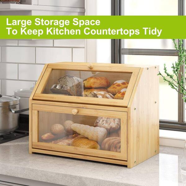 Lynzavix Double Layer Bamboo Bread Box Extra Large Capacity