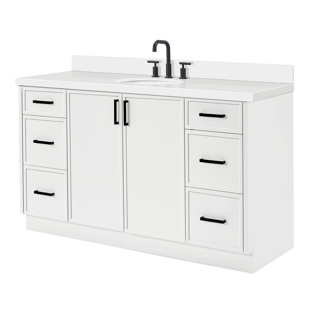 White Solid Wood and Quartz Single Sink Bathroom Vanity, 61 inches